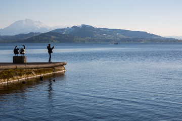 Fototapeta na wymiar Evening on the promenade of lake Zug. The Zug, Switzerland.