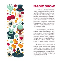 Magic show advertisement banner with equipment for tricks