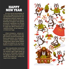 Happy New Year 2018 poster with Husky dog in festive warm clothes, in wooden house with Christmas decorations and winter