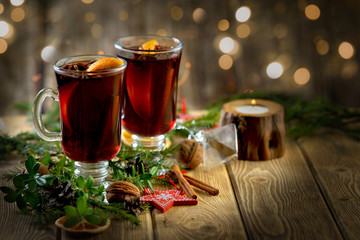 mulled wine on wooden background