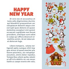 Fototapeta premium Happy New Year 2018 poster with Husky dog in festive warm clothes, in wooden house with Christmas decorations and winter