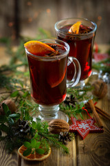 mulled wine on wooden background