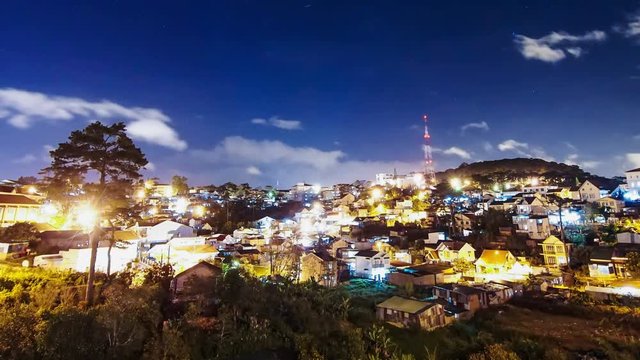 Uhd Timelaps : Dalat Vietnam Night Cityscape of Dalat in Vietnam with cloudy
