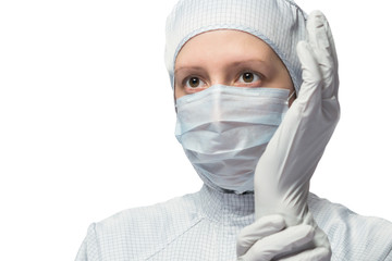 medical worker wearing a glove on his arm, isolated on white