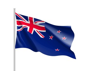 Waving flag of New Zealand. Illustration of Oceania country flag on flagpole. Vector 3d icon isolated on white background