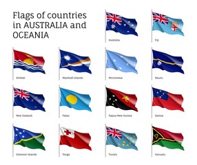 Flags countries Australia and Oceania realistic style set. Collection of national symbols. Vector illustrations of tribes, aborigines, peoples, pacific ocean concept
