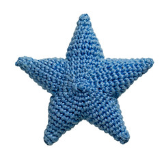 Blue crocheted star isolated on white background.