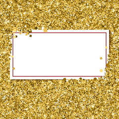 Glittering background with white banner and place for your message. Modern, gold template for VIP card, exclusive gift certificates, luxury voucher, presentation for shop, 3D illustration.
