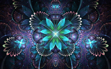 Fototapeta premium Ciemny kolorowy fraktal kwiat, cyfrowa grafika do kreatywnego projektowania graficznego