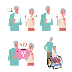 シニア　夫婦　お金　表情　イラスト　セット
