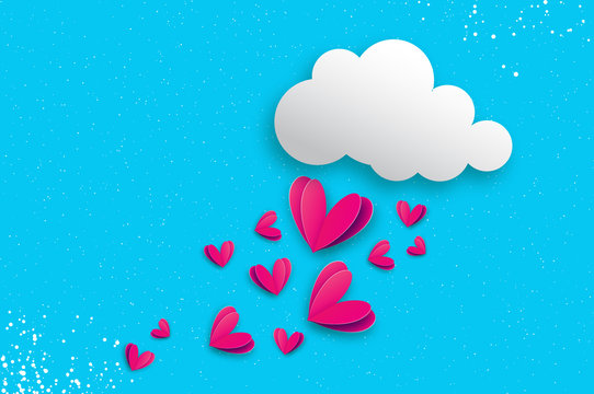 A rain of heart. Love with paper cut flying hearts. Romantic Invitation card. Origami Cloud. Happy Valentine's day. 14 February. Blue sky background.