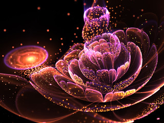 Dark fractal flower with gold pollen, digital artwork for creative graphic design