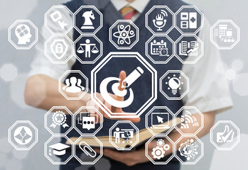 Young man (student, schoolboy) using virtual touchscreen presses target pencil button. Goal Success Education concept. Purpose knowledge learning.