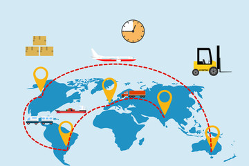 Fototapeta na wymiar International logistic company worldwide operations. Air cargo trucking, rail transportation.
