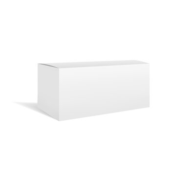 White Vector Realistic Rectangular Horizontal Box Package Mockup With Shadow. Blank Rectangle Container Or Cardboard Template For Cosmetic, Medicine, Software, Appliance Products