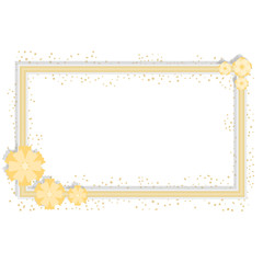Golden frame for a photo with flowers and confetti. A realistic photo frame with a shadow.