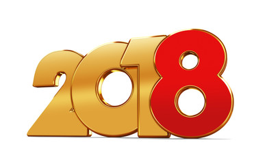 New Year's illustration. Gold inscription 2018 and the red eight on a white background. 3d rendering.