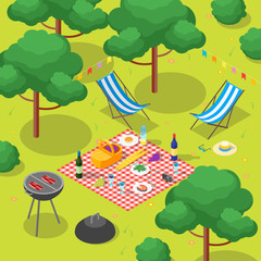 Family Picnic with Bbq Isometric View. Vector
