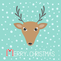 Reindeeer head. Merry christmas. Candy cane. Cute cartoon funny deer face with horns. Blue winter snow flake background. Greeting card. Flat design