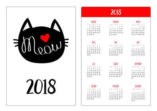 Pocket calendar 2018 year. Week starts Sunday. Black cat head silhouette. Meow text. Cute cartoon character. Red heart. Love card. Kawaii animal. Baby pet collection. Flat design . White background.
