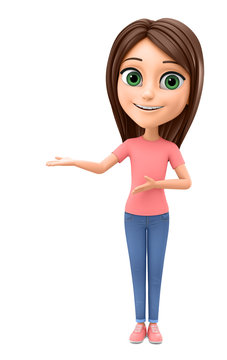 Cheerful little girl in jeans hands points to an empty space. 3d render illustration.