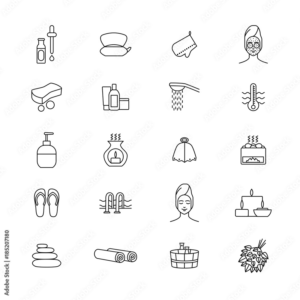 Sticker Sauna Signs Black Thin Line Icon Set. Vector