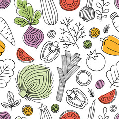 Minimalist vegetables seamless pattern. Linear graphic. Vegetables background. Scandinavian style. Healthy food. Vector illustration