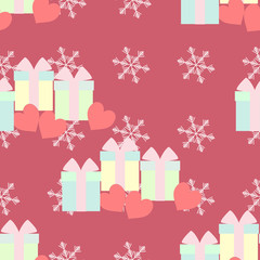 Cluster of gift boxes on snowflake seamless pattern vector. 