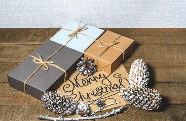 Boxes with gifts, cones, text 