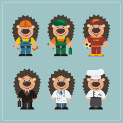 Set of hedgehog in different costumes: builder, sportsman, worker, a doctor, manager, cook. Collection of hedgehog in clothes in cartoon style.