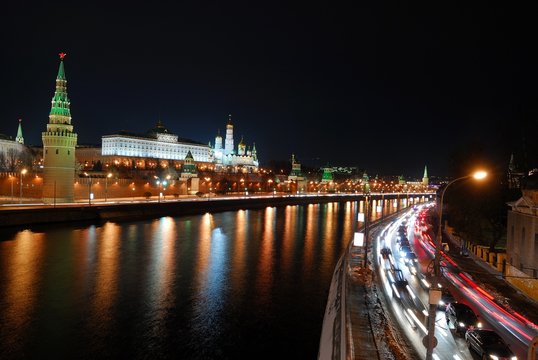 View of Moscow Kremlin river at night. Moscow, Russia/ See Moscow river, Moscow Kremlin wall, Kremlin Palaces, Orthodox Christian Churches, Bell tower of Ivan Great