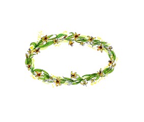 Watercolor Leaf and Flowers round frame. Illustration Lily flower of hand drawn natural wreath for invitation cards, save the date, wedding card design