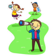 Vector Illustration of Three Stick Kids Exploring while holding Geographic Objects