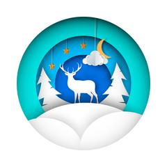 Paper winter illustration. Deer, fir, moon, cloud, star.