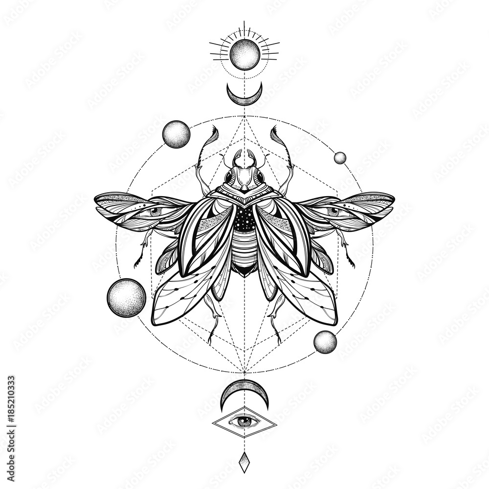 Wall mural Beetle bug tattoo drawing. Scarab bug illustration