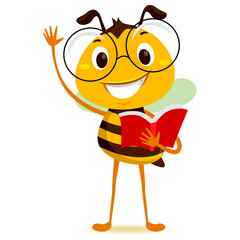 Vector Illustration of Bee Student Holding a Book while Raising his hand