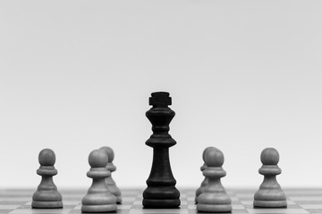 Chess pieces on a chess board with the king and pawns