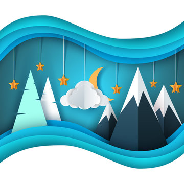 Winter cartoon paper landscape. Merry christmas, happy new year. Fir, moon, cloud, star, mountain, snow.
