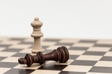 Chess pieces on a chess board with the king and pawns