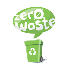 Zero waste handwritten text sticker in bubble over green trash can with recycling sign isolated on white background.