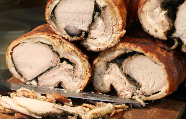 cooked pork meat for sale in the street food stall