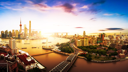 Fototapeta na wymiar Shanghai skyline and Huangpu river in a sunny day