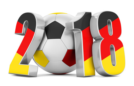Soccer ball and flag Germany numbers 2018 on a white background. 3d rendering.