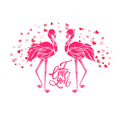 Valentine romantic card, two pink flamingos in love, vector illustration