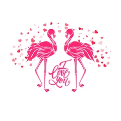 Fototapete Flamingo Valentine romantic card, two pink flamingos in love, vector illustration