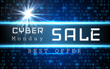 Obraz premium Cyber Monday Sale vector banner template. Blue shining binary code background with arrows and sample text