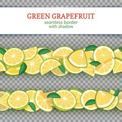 Ripe grapefruit fruit horizontal seamless borders. Vector illustration card Wide and narrow endless strip with green pomelo for design of food packaging juice breakfast, cosmetics, tea, detox diet.