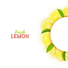 Semicircle white frame composed of delicious tropical lemon. Vector card illustration. Yellow lime citrus half-round frame for design of food packaging juice breakfast cosmetics tea detox diet