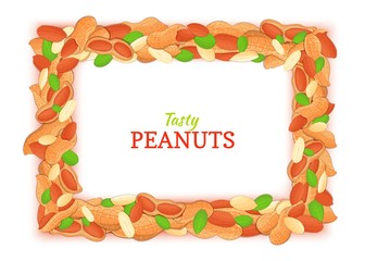 Horizontal rectangle frame composed of delicious peanut. Vector card illustration. Peanuts nuts frame, walnut fruit in the shell, shelled, leaves for packaging design of breakfast cosmetics detox diet