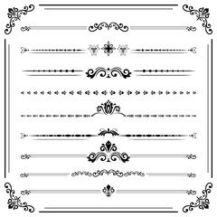 Fototapeta premium Vintage set of vector decorative elements. Horizontal separators in the frame. Collection of different ornaments. Classic black patterns. Set of vintage patterns